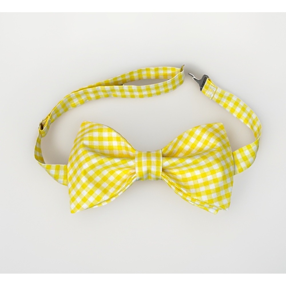 NEW Custom Mens Gingham Bow Tie Pre-tied Adjustable Gift Yellow/White Check